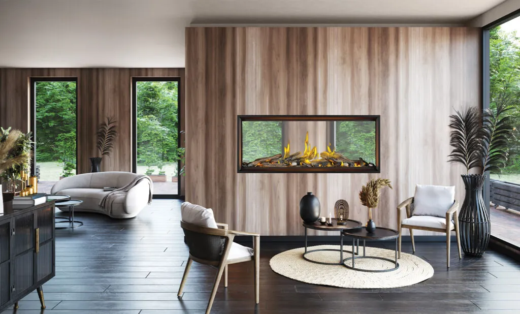 Gas Fireplace Napoleon Tall Linear Vector 50 See Through with Luminous Logs